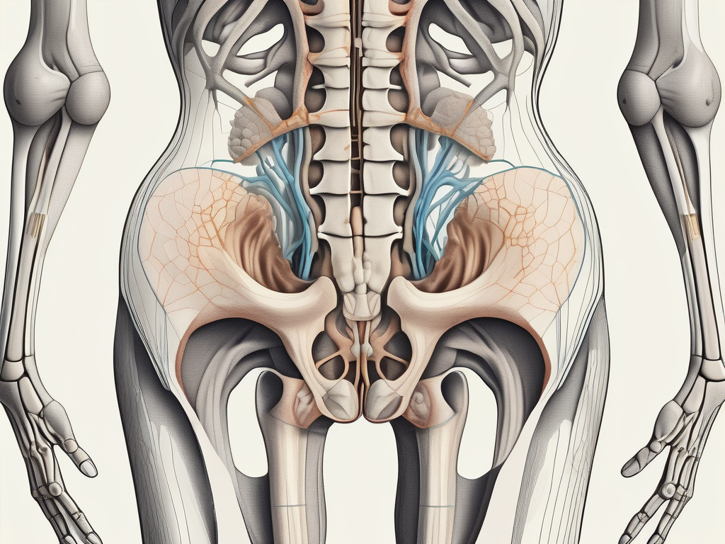 A detailed human pelvis highlighting the sacral notch with a nerve running through it