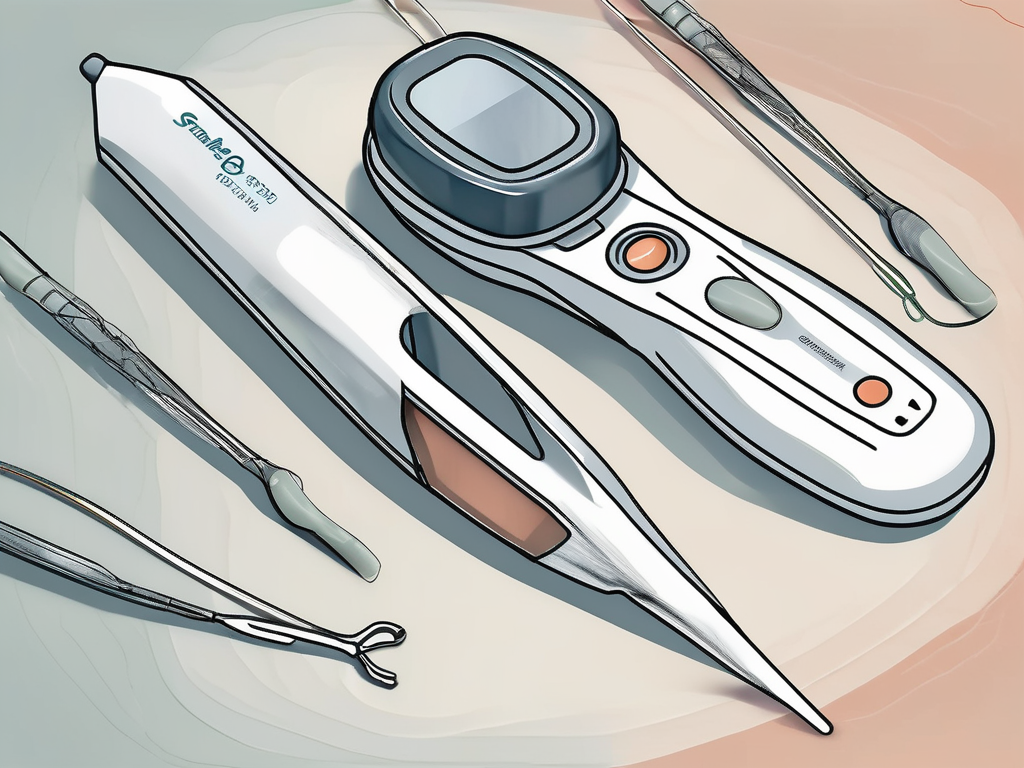 A sacral nerve stimulator device next to a medical scalpel