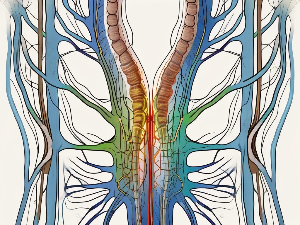 The sacral region of the spinal cord with color-coded nerve roots branching out