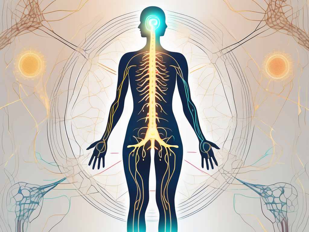 The human nervous system highlighting the sacral nerve with a glowing effect