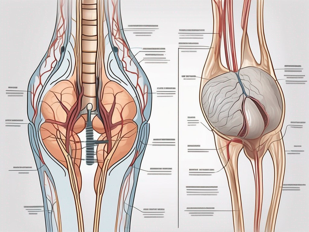 A sacral nerve in the human body with a close-up view of a nerve block procedure being performed