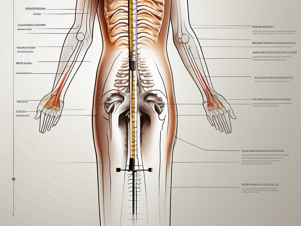 A medical syringe positioned near a diagram of the human spinal column highlighting the sacral nerve area