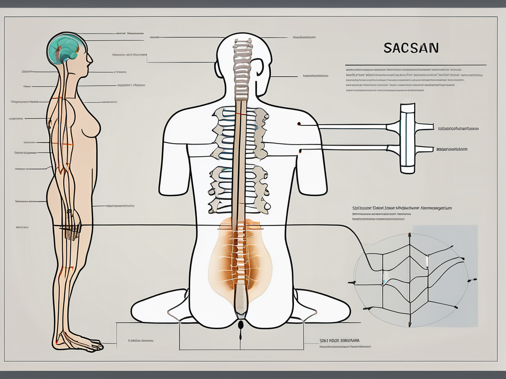 A sacral nerve stimulation device next to a simplified diagram of the human spine