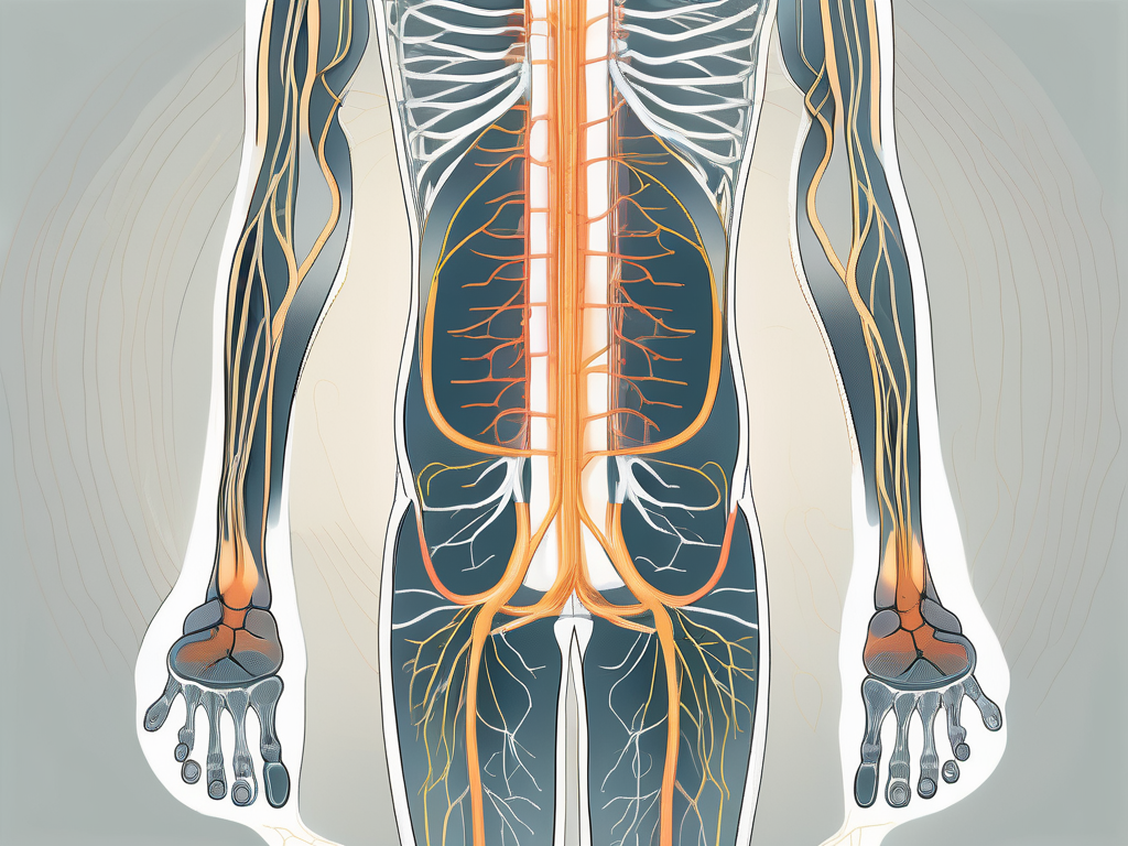 The human nervous system highlighting the sacral nerve with a pathway leading to the toes